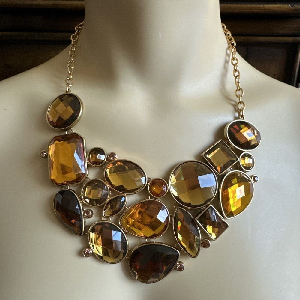 Vintage Joan Rivers‎ Bib Necklace 21 Inch Faceted Stones Amber Citrine Gold Tone